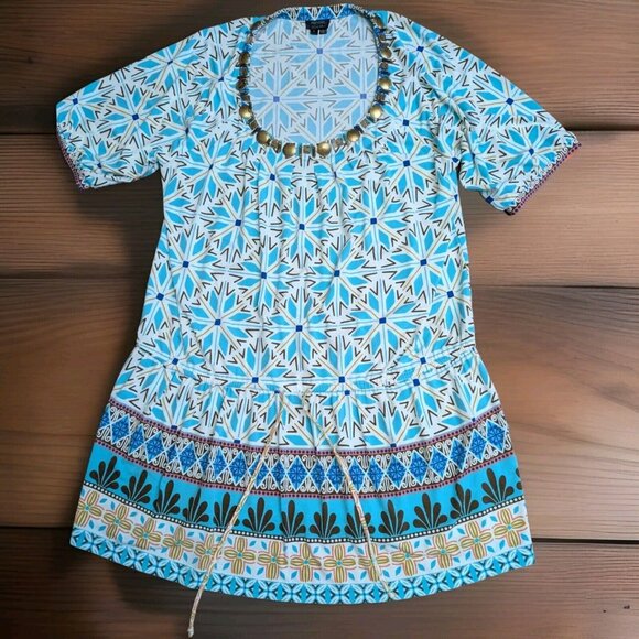 Nicole Miller Blue Boho Aztec Beaded Embellished Neck Floral Dress Large Ruffled - Picture 1 of 15